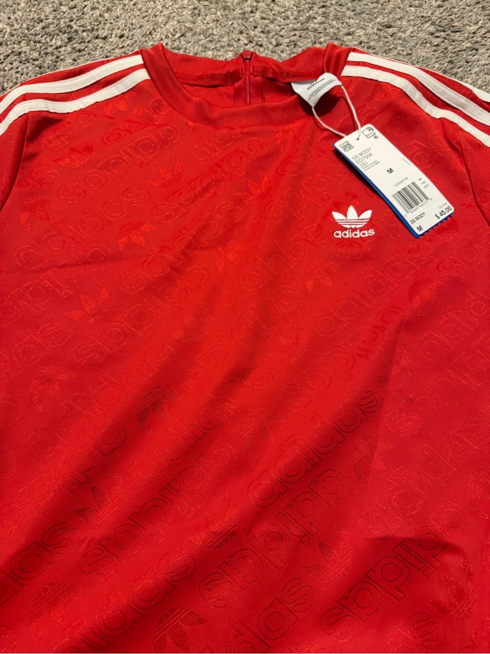 adidas Red Kids One-Piece Bodysuit with White 3-Stripes - Picture 4 of 7